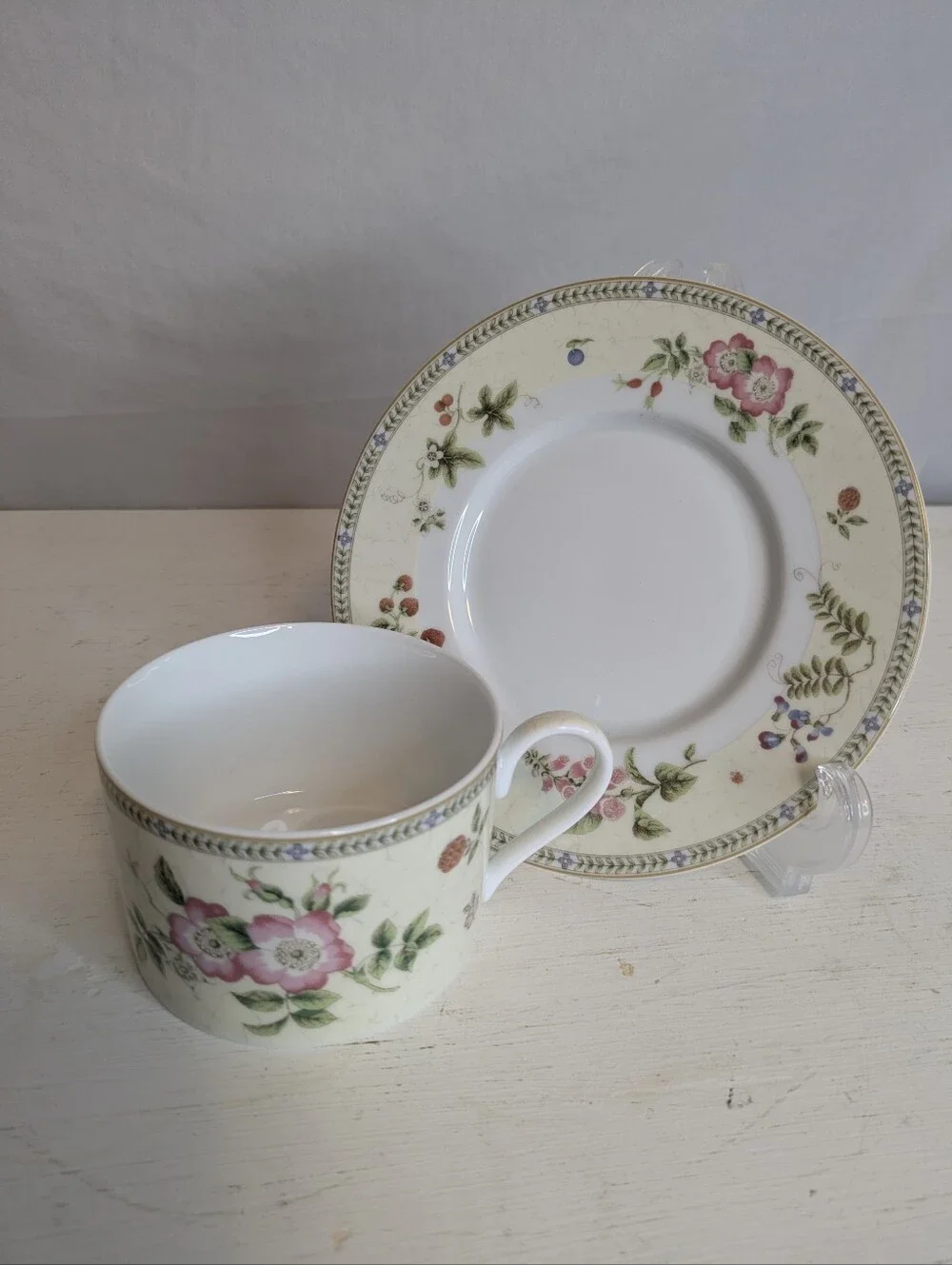 Wedgwood Fleur Flat Cup And Saucer Fruit And Flower Motif
